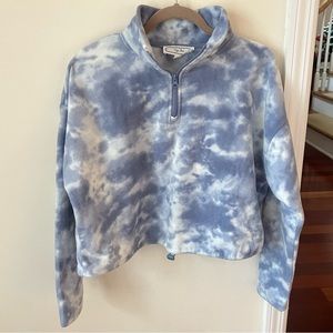 Women’s Blue and White Tie Dye Cropped Hippie Rose Fleece Quarter Zip Pullover